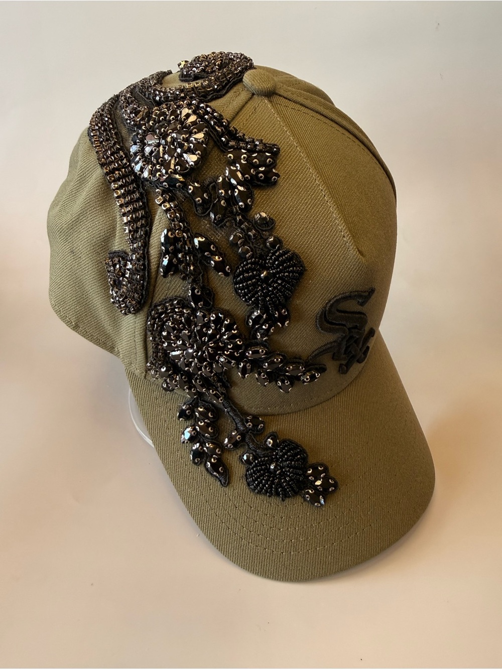 New Era Olive Green Statement Cap with Black Sequin Floral Embellishment